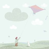 fall scene with boy dog and a flying kite