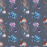 Seamless pattern with jellyfish and turtles N3