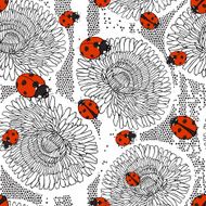 Seamless pattern with dandelions and ladybirds