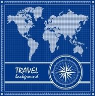 Blue travel background with dotted world map and compass rose