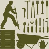 Man digging and garden tools silhouettes
