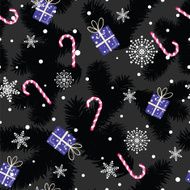Christmas pattern made of fir branches gifts and candies N3