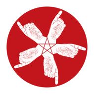 Five pointing hands abstract symbol with pentagonal star N2