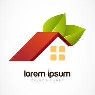 Vector logo design template Red house roof with green leaves