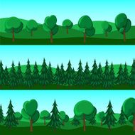 Horizontal cartoon banners of hills and trees