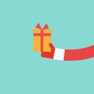 Santa Claus holds Christmas present flat design vector illustration