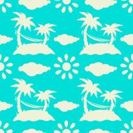 Seamless pattern with coconut palm trees hammock sun clouds N3