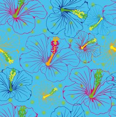 seamless blue background with hibiscus flowers of different colors