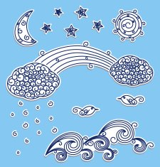 Blue sky set moon stars funny clouds