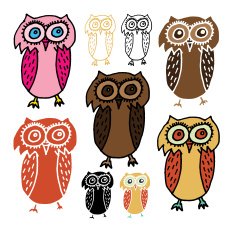 Cartoon Owl with Variations - Stencil silhouette and Colored Versions N3