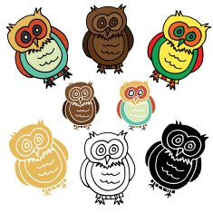 Cartoon Owl with Variations - Stencil silhouette and Colored Versions N5