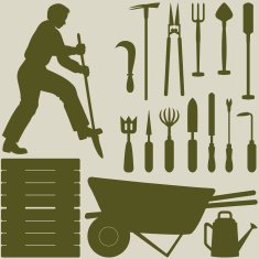 Man digging and garden tools silhouettes