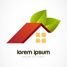 Vector logo design template Red house roof with green leaves