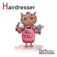 Alphabet professions Owl - Hairdresser character Vector Watercolor N2