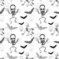 Seamless pattern of skeleton skull and bat on white background