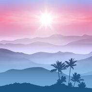 Background with palm tree and mountains in the fog N2