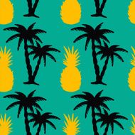 Seamless pattern with silhouettes coconut palm trees and pineapples N5
