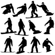 Black silhouettes set snowboarders on white background N2