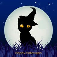 black cat with big eyes against a full moon