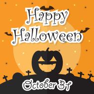 Happy Halloween Night Background with Moon Bat Pumpkin and Grave