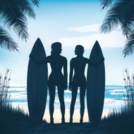 Two beautiful Surfers Girls standing at the beach N2