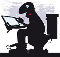 Reader sitting with tablet on toilet bowl