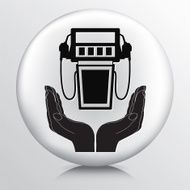 Round Icon With Two Hands Cupping a Gasoline Pump Silhouette N2