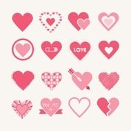 Assorted design elements of pink hearts icons set