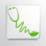 Square Icon with Green Leaf Herbal Medical Doctor's Stethoscope