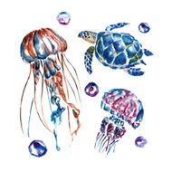 Watercolor background with jellyfish and turtles N3