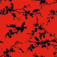 Sakura Cherry Blossoms And Birds Seamless Pattern Black Red N2