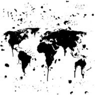 World map graffiti black splats on white background