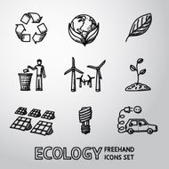 Set of handdrawn ECOLOGY icons - recycle sign green earth N2