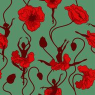 Seamless pattern of poppy flowers and ballerinas