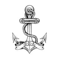 Hand drawn elegant ship sea anchor with rope and banner