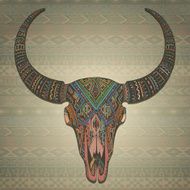 Decorative indian bull scull in tribal style on ornamental backg