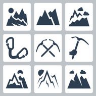 Mountains and mountaineering vector icons set