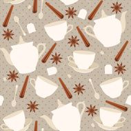 Seamless pattern with cups and teapots cinnamon sticks N2