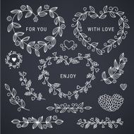 Hand drawn floral hearts borders and branches on blackboard background