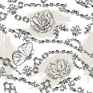 Seamless pattern with swirls chrysanthemums and butterflies
