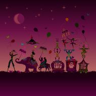 colorful circus carnival traveling in one row at night