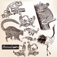 Collection of hand drawn animals and swirls