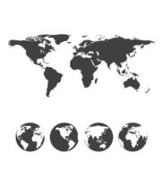 Gray map of the world with globe icons