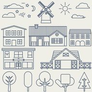 Vector set of linear elements and icons with buildings houses