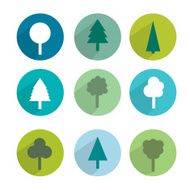 Set of green trees modern circle sign shadows icons