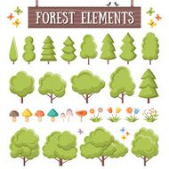 Trendy flat forest elements set Beautiful trees mushrooms flowers butterflies