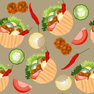 Falafel stuffed pita with vegetables Seamless background pattern