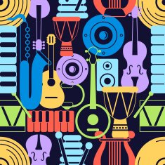 Seamless pattern of silhouette musical instruments on dark backg