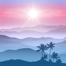 Background with palm tree and mountains in the fog N2
