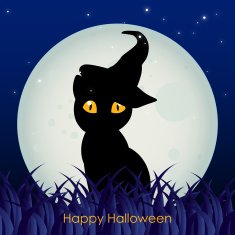 black cat with big eyes against a full moon